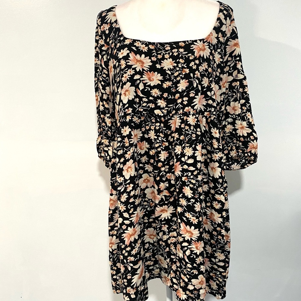 American Eagle Black Floral Printed 3/4 Sleeve Babydoll Mini Dress